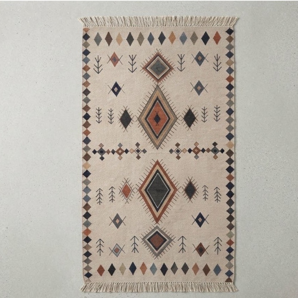Southwestern Geometric Diamond Area Rug‎ Cream Terracotta Fringed Accent 3x5